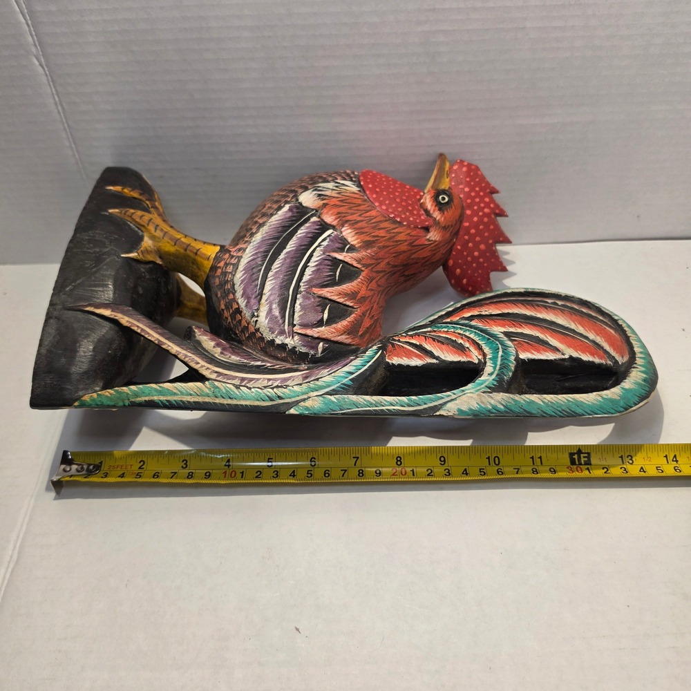 Hand Carved Wooden Rooster Figurine Hand Painted Folk Art Sculpture Rustic Decor - Picture 10 of 10